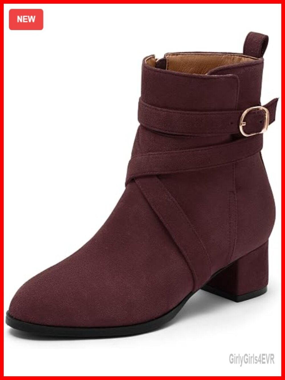 Buckle Block Heel Ankle Boots - Chunky Low Heel Side Zip Suede Ankle Bootie